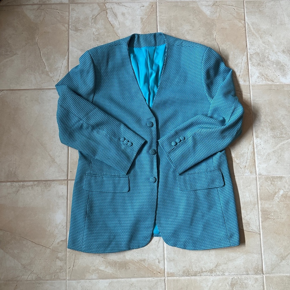 Vintage Aqua Blue&Black Checkered Blazer (US 12)